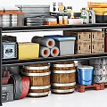 Sturdy Metal Storage Shelf With Wooden Barrels Colorful Boxes Jars And Pallets
