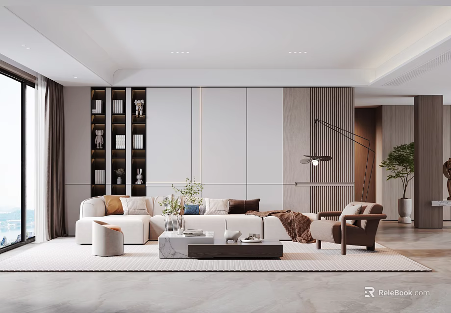 Modern Living Room Interior With White Sofa Coffee Table Bookshelf Striped Wall Decor And Plants 3d model 