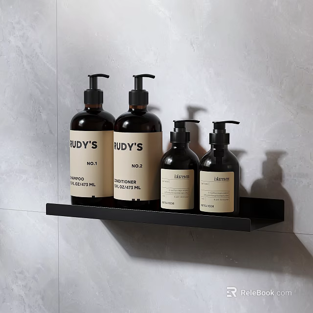 Bathroom Accessories On Black Shelf With Bottles 3d model