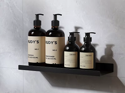 Bathroom Accessories On Black Shelf With Bottles 3d model