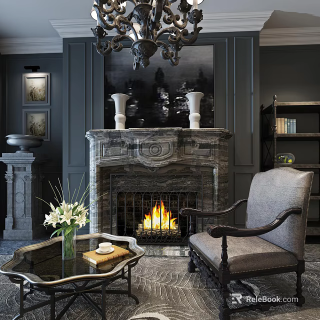 Marble Fireplace with Burning Fire in Cozy Living Room with Armchair and Coffee Table 3d model 