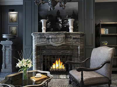 Marble Fireplace with Burning Fire in Cozy Living Room with Armchair and Coffee Table 3d model