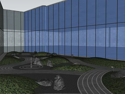 Modern Building Garden Landscape With Curved Pathway Stones Lawn And Glass Curtain Wall 3d model