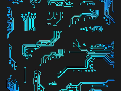 Blue Circuit Board Lines With Electronic Components On Black Background 3d model