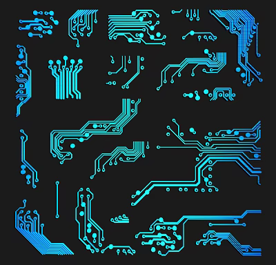 Blue Circuit Board Lines With Electronic Components On Black Background 3d model