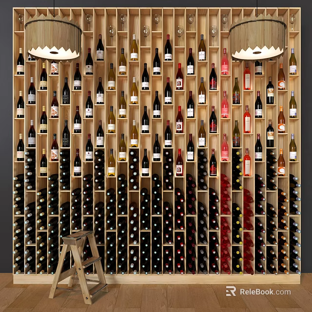 Modern Wooden Wine Cabinet With Multiple Wine Bottles And Ceiling Lights 3d model 