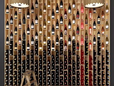 Modern Wooden Wine Cabinet With Multiple Wine Bottles And Ceiling Lights 3d model