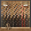 Modern Wooden Wine Cabinet With Multiple Wine Bottles And Ceiling Lights