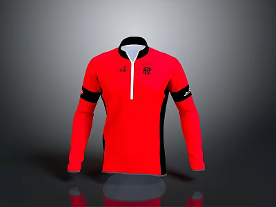 Red Long Sleeve Shirt With Black Cuffs Collar White Zipper And Front Logo 3d model