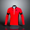 Red Long Sleeve Shirt With Black Cuffs Collar White Zipper And Front Logo