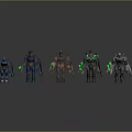 Sci Fi Robot Characters With Various Metallic Designs And Green Reflective Lights 3d model