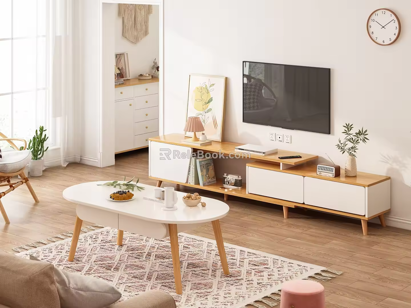 TV Cabinet TV Cabinet Coffee Table Combination TV Wall Clock Vase Carpet Combination Ornaments 3d model