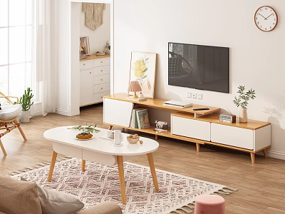 Modern Wooden TV Stand With Storage Drawers TV And Decorative Plants On Top 3d model