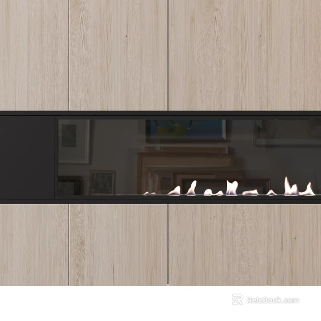 Modern Fireplace Interior Design with Wooden Panels and Glass Front Flames 3d model 