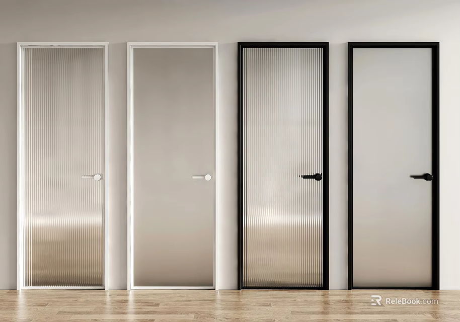 Modern Interior Hinged Doors With Fluted Glass And White Black Frames 3d model