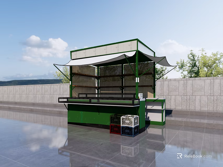Green Functional Vehicle With Canopy Shelves And Workbench In Outdoor Setting 3d model 