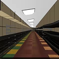 Long Industrial Corridor Featuring Black Pipes Red Carpet Yellow Green Squares And White Ceiling Lights