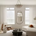 Minimalist Modern Living Room Interior With Curved White Sofa Coffee Table And Large Mirror