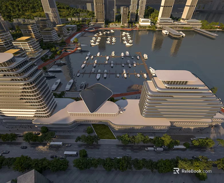 Aerial Planning of Waterfront Marina with High Rise Buildings and Moored Boats 3d model 
