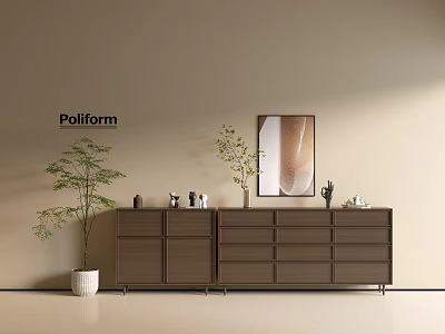 Poliform Entryway Cabinet And Side Cabinet With Green Plants Wall Painting And Decorative Items 3d model
