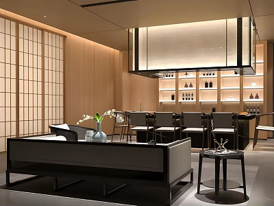 Traditional Japanese Restaurant Interior With Wooden Sliding Doors Pendant Lights And Cozy Seating Areas 3d model