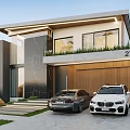 Modern Detached Villa Exterior With Marble Wall Wooden Garage Door Steps Cars Greenery And Lawn
