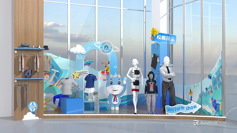 Vibrant Uniform Show Display With Mannequins Cartoon Character Clothing And Blue Background 3d model 