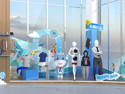 Vibrant Uniform Show Display With Mannequins Cartoon Character Clothing And Blue Background 3d model