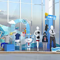 Vibrant Uniform Show Display With Mannequins Cartoon Character Clothing And Blue Background