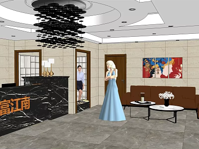 Store Front Desk with Black Marble Countertop Chandelier Sofa Coffee Tables and Wall Painting 3d model