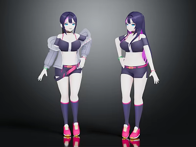 Two Anime Female Characters With Purple Hair In Sporty Outfits And Pink Sneakers 3d model
