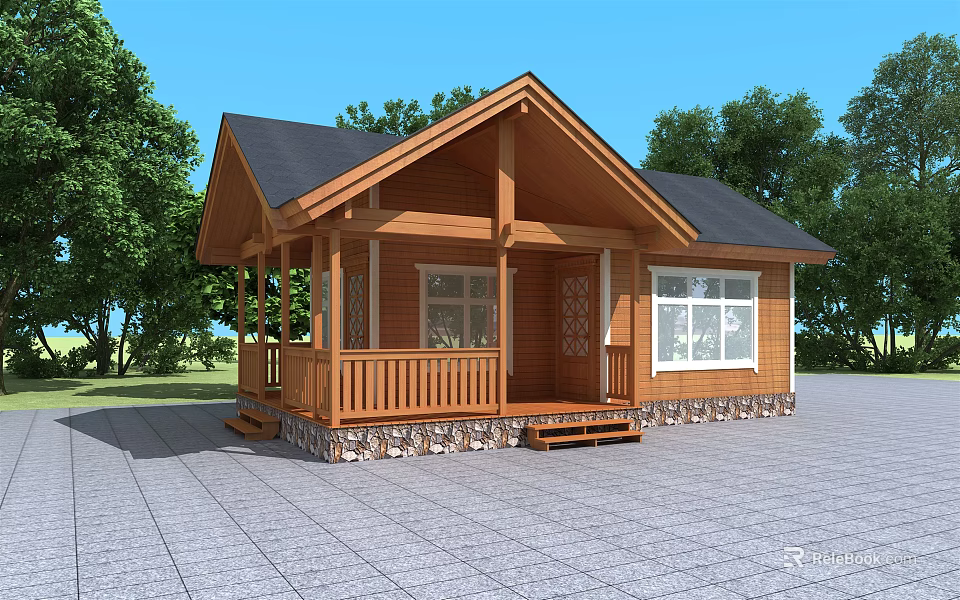 Wooden House With Black Roof Porch Railings Stone Base Windows And Trees 3d model 