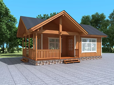 Wooden House With Black Roof Porch Railings Stone Base Windows And Trees 3d model
