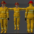 Man in Yellow Fire Suit With Red Helmet Front Side and Back Views