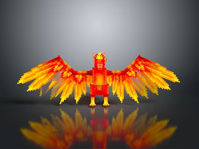 Vibrant Red and Golden Yellow Mythical Phoenix with Spread Wings Detailed Feathers and Metallic Reflection 3d model
