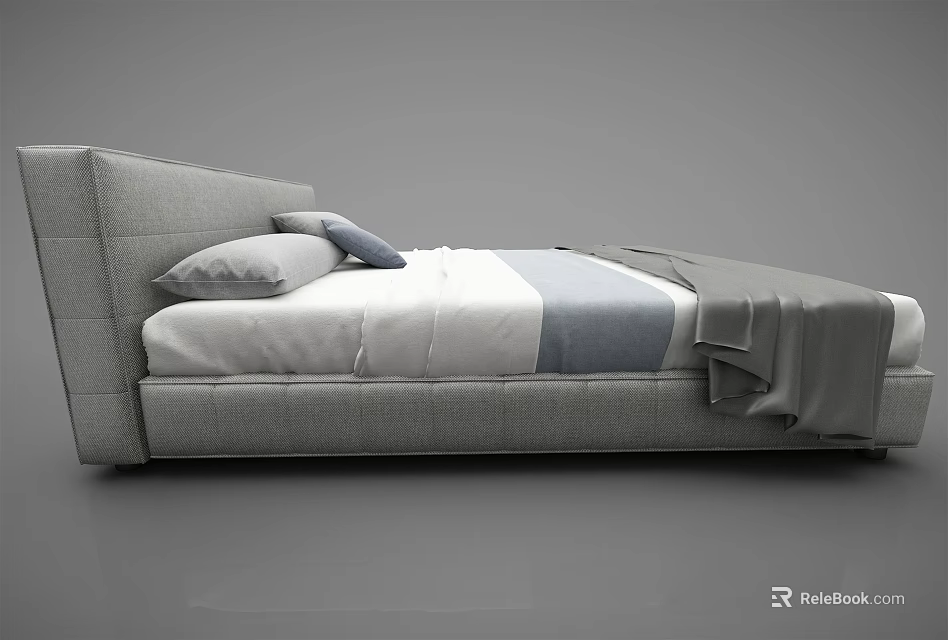 Modern Double Bed With Gray Headboard White Gray Sheets Pillows And Blanket 3d model