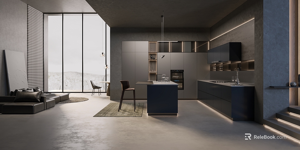 Modern Kitchen Interior Design With Grey Cabinets Black Island Counter And Large Scenic Windows 3d model 