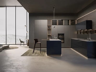 Modern Kitchen Interior Design With Grey Cabinets Black Island Counter And Large Scenic Windows 3d model