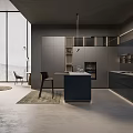 Modern Kitchen Interior Design With Grey Cabinets Black Island Counter And Large Scenic Windows