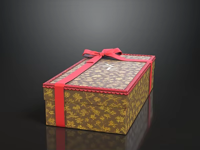 Elegant Brown Patterned Gift Box With Red Bow And Decorative Design 3d model