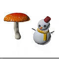 Red Spotted Mushroom And Snowman With Red Hat Yellow Scarf On White Background