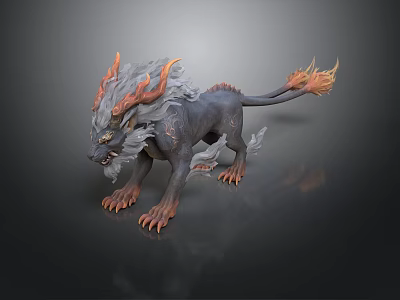 Mythical Creature Sculpture With Gray Fur Orange Flaming Horns In Standing Pose 3d model