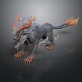 Mythical Creature Sculpture With Gray Fur Orange Flaming Horns In Standing Pose