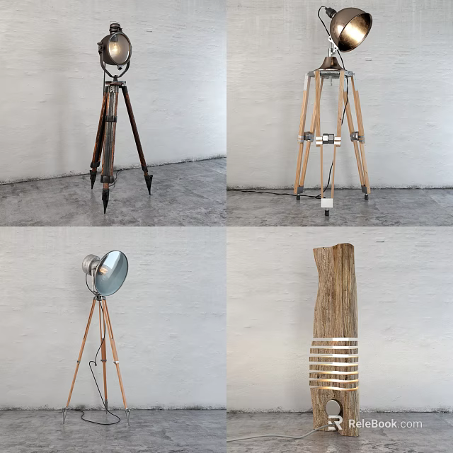 Modern Stylish Floor Lamp With Tripod Wooden Frame And Metal Shade Design 3d model 