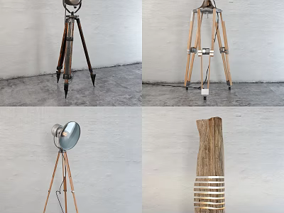 Modern Stylish Floor Lamp With Tripod Wooden Frame And Metal Shade Design 3d model