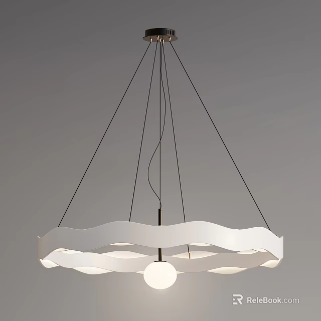 Modern Wave Shaped White Chandelier With Hanging Cords And Central Globe Bulb 3d model 