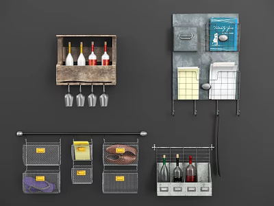 Functional Hanging Wall Cabinets With Wine Bottles Glasses And Storage Baskets 3d model