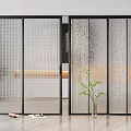 Modern Interior With Black Frame Glass Sliding Doors And Potted Plants