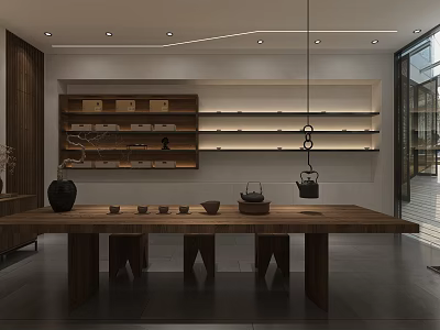 Natural Tea Room Interior With Wooden Long Table Stools And Hanging Teapot On Shelves 3d model