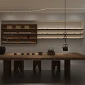 Natural Tea Room Interior With Wooden Long Table Stools And Hanging Teapot On Shelves